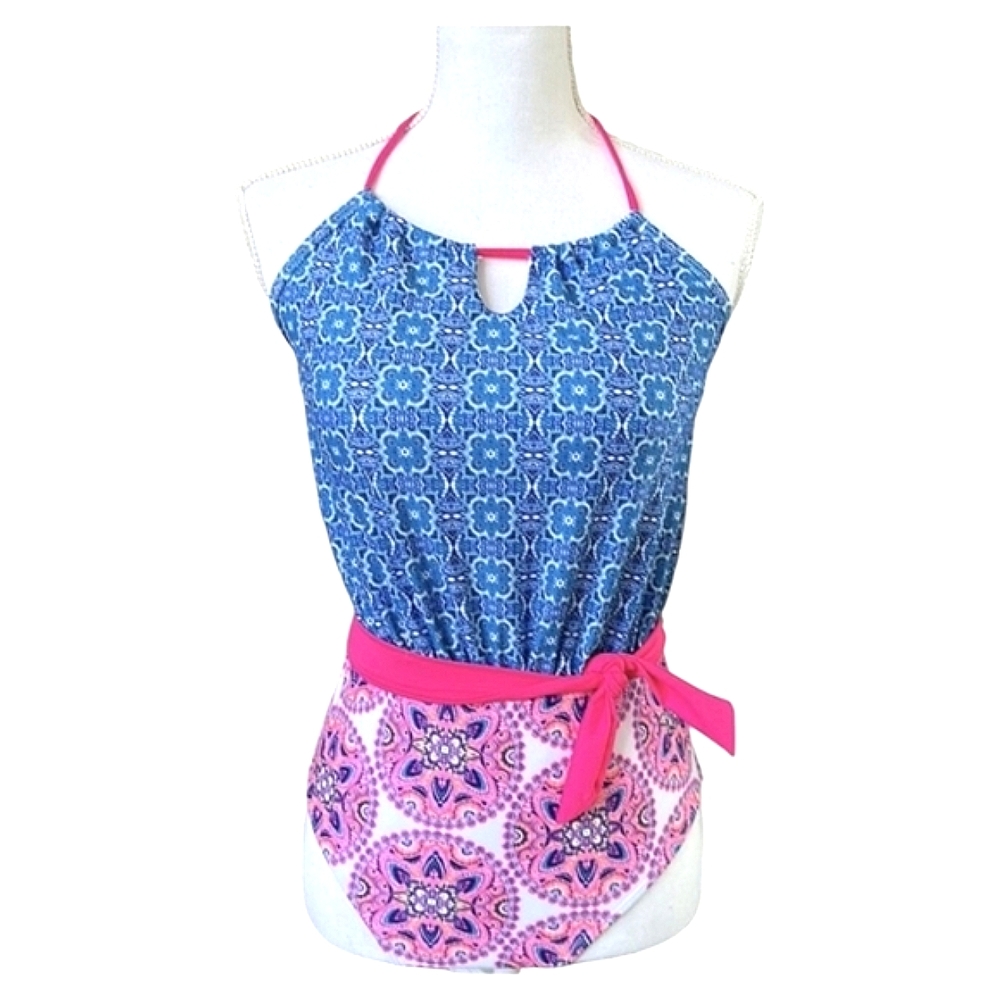 Nicole Miller Blue and Pink Floral Mandala Patterned Swimsuit | Size XL